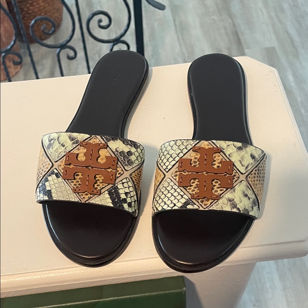 Tory Burch Everly Slide Diamant Snakeskin and Leather Sandals - Picture 5 of 7